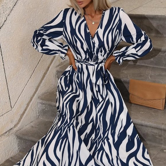 . Dresses & Skirts - White Boho Womens Zebra Striped Surplice Neck Belted Dress